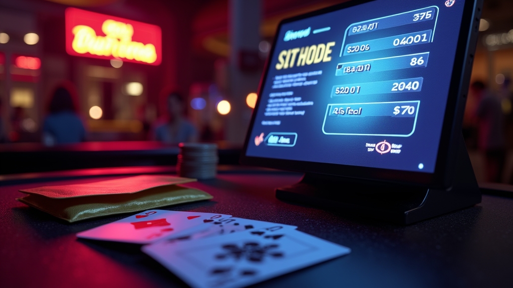 Mesa de casino com ecrã de código promocional e luzes néon