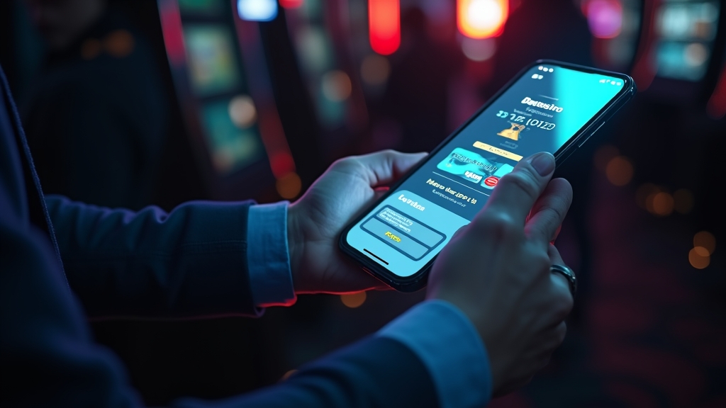 Pessoa a confirmar um depósito seguro num ecrã de casino com cartão e telemóvel