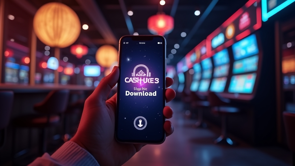Smartphone com download de APK em ambiente de casino escuro e iluminado por néon