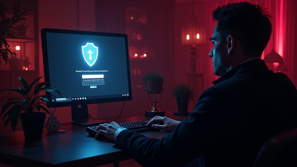 Tela de login segura em ambiente de cassino escuro com usuário verificando o endereço